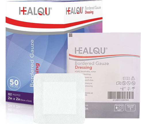 HEALQU Bordered Gauze Island Dressing - 50 Count, 2" x 2" Sterile Individually Wrapped Gauze Pads with Water-Resistant, Non-Woven Backing - Soft and Breathable Wound Dressing for First Aid and Medical