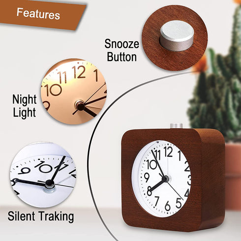 4 Inch Wooden Analog Alarm Clock Battery Operated Non-Ticking with Snooze Button,Night Light,Gentle Wake