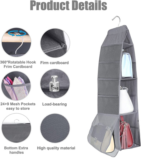 ELUCHANG 4-Shelf Hanging Closet Organizer, Handbags Holder with 2 Sturdy Hooks for Closet,Grey