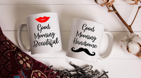 Good Morning Beautiful, Good Morning Handsome - 11oz Ceramic Coffee Mug Couples Sets - Funny His And Her Gifts - Husband And Wife Anniversary Presents - Wedding Or Engagement Gift Ideas - By CBT Mugs