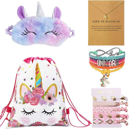 Unicorn Gifts for Girls Unicorn Drawstring Backpack, Sleep Mask, Unicorn Necklace Bracelet, Hair Ties