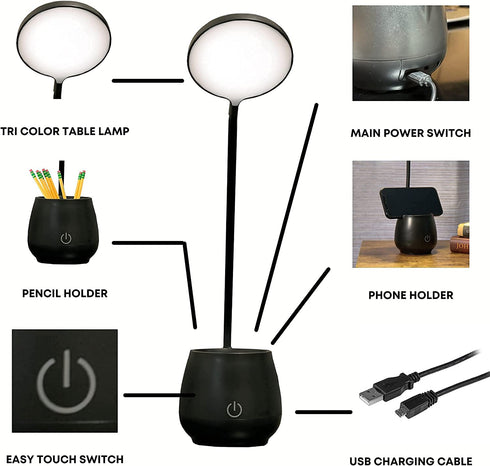 Wireless Desk Lamp with Organizer - Desk lamp with Pen Holder, College Dorm Lamp for Home Office homework, Kids Student LED Table Lamp, USB Charger