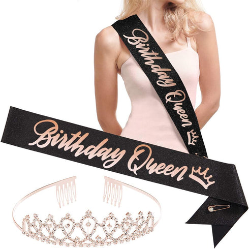 xo, Fetti Birthday Queen Sash + Tiara - Black Glitter + Rose Gold Foil | Birthday Party Decorations - 16th, 21st, 30th, 40th, 50th, Girl