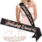 xo, Fetti Birthday Queen Sash + Tiara - Black Glitter + Rose Gold Foil | Birthday Party Decorations - 16th, 21st, 30th, 40th, 50th, Girl