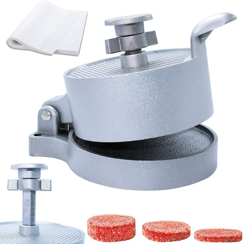 laffeya Burger Press, Hamburger Maker with 50 Non Stick Patty Papers, Adjustable Burger Press Makes 4 1/2" Patties, 1/4Lb to 3/4Lb (Burger Press with Paper)