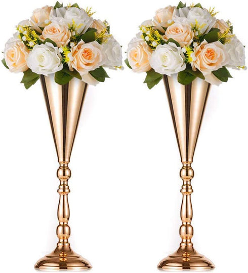 2 Pcs Tabletop Metal Wedding Flower Trumpet Vase, Table Decorative Centerpiece, Artificial Flower Arrangements for Anniversary Ceremony Party Birthday Event Aisle Home Decoration (Gold)