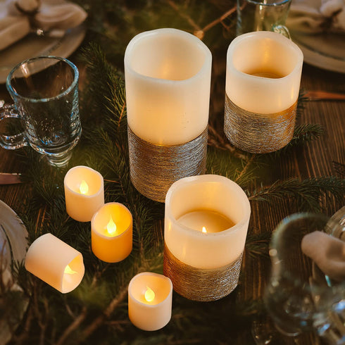 Furora LIGHTING LED Flameless Candles with Remote Control, Set of 8, Real Wax Battery Operated Pillars and Votives LED Candles with Flickering Flame and Timer Featured - Gold Trim