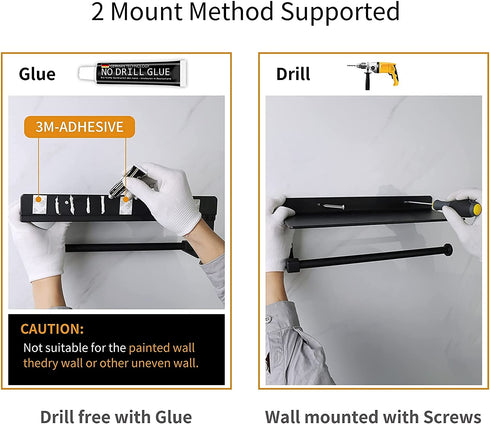 Danpoo Paper Towel Holder Wall Mounted for Kitchen 13 Inch, Bathroom Tissue Mega Roll Hanger with Mobile Phone Storage Shelf,Space Aluminum, Wall Mount with Screws (Matte Black)