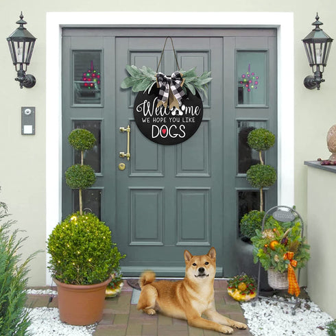 Welcome Sign for Front Door Decor - We Hope You Like Dogs,Outdoor Wooden Wreath Sign Farmhouse Door Hanger Sign with Eucalyptus Leaves and Buffalo Plaid Bow for Dogs Lovers Christmas Housewarming Gift