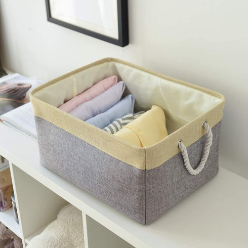 TheWarmHome Large Baskets for Storage Rectangular Basket Decorative Basket Fabric Storage Bin Brown Storage Basket Shoes Basket Towel Basket Cloth Baskets Blanket Storage(Gold&Grey,Large-1 Pack 17.7×13.7×9.8inch)