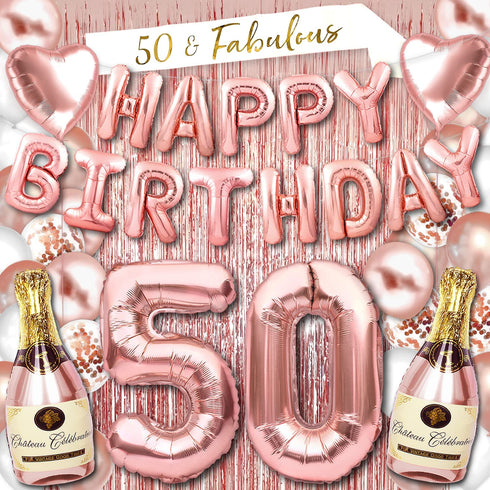 PartyForever Happy 50th Birthday Decorations for Women Rose Gold Supplies Big Set Including Happy Birthday Banner with 50 and Fabulous Bday Sash for Her Party Decor