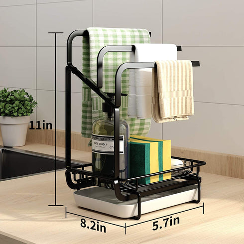 ICEETING Kitchen Sink Organizer, Sponge Holder with Towel Rack, with Drain Pan, for Kitchen Sink or Bathroom Storage,Sponge Brush Soap Dish Dishcloth Rack