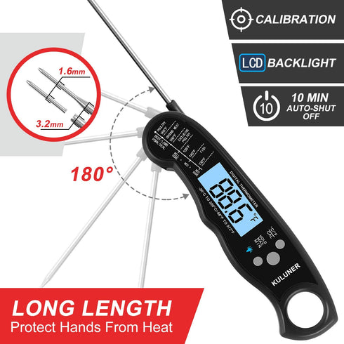 KULUNER TP-01 Waterproof Digital Instant Read Meat Thermometer with 4.6? Folding Probe Backlight & Calibration Function for Cooking Food Candy, BBQ Grill, Liquids,Beef(Black)
