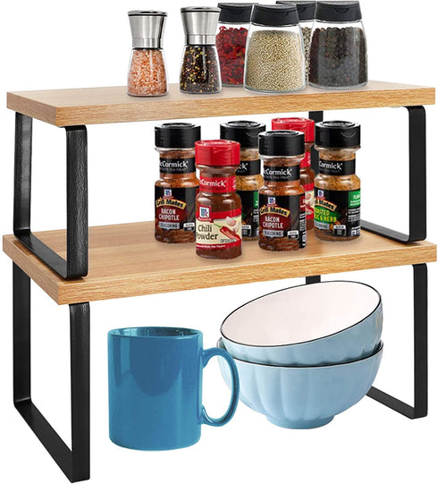Spice Rack Organizer for Cabinet, Kitchen Countertop Shelf Organizer Rack, Pantry Bedroom Bathroom Office Storage Rack, Stackable, Expandable, Metal and Wood, Brown, 2Pack