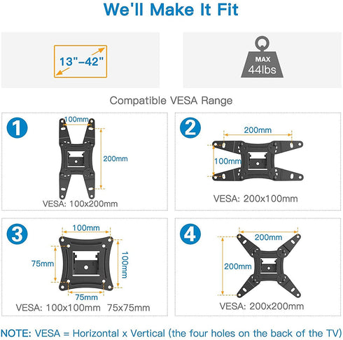 Full Motion TV Monitor Wall Mount Bracket Articulating Arms Swivels Tilts Extension Rotation for Most 13-42 Inch LED LCD Flat Curved Screen TVs & Monitors, Max VESA 200x200mm up to 44lbs by Pipishell