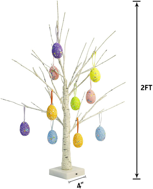kemooie 24 Inch Pre-lit White Birch Tree with 10 Hanging Easter Egg Ornaments, 24 Led Lights Battery Operated Easter Table Centerpiece for Party Birthday Home Easter Decoration Spring Decoration