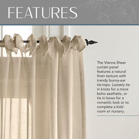 Elrene Home Fashions Vienna Sheer Tie-Top Window-Curtain Panel, 52 in x 84 in (1 Panel), Flax