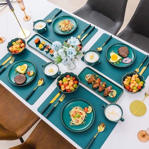 Leather Washable Placemats,Green Thick Faux Leather Heat Resistant Rectangle Table Mats,Waterproof Non-Slip Easy to Clean Placemats for Kitchen Coffee Dining Room Table Set of 6