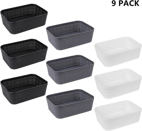DEAYOU 9 Pack Plastic Storage Baskets, Small Weave Baskets Organizing Bins for Shelves, Pantry, Kitchen, Office, 7.3" L x 4.7" W x 2.4" H (Black, White, Gray)