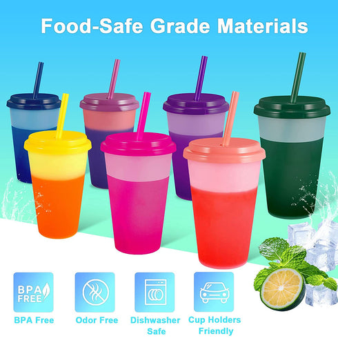 Color Changing Cups Tumblers with Lids & Straws for Kids - 7 Reusable Plastic Bulk Tumblers 12oz Cold Cup Tumbler Set for Kids