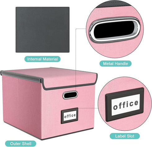 Collapsible File Storage Organizer Boxes with Lids, Huolewa Linen Document Storage, Universal Hanging Filing Organization Box for Letter/Legal Folder, Decorative Office /Home File Bins - Pink (2 Pack)