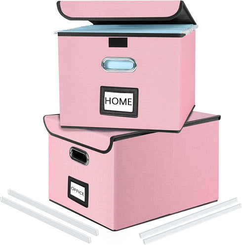 Collapsible File Storage Organizer Boxes with Lids, Huolewa Linen Document Storage, Universal Hanging Filing Organization Box for Letter/Legal Folder, Decorative Office /Home File Bins - Pink (2 Pack)