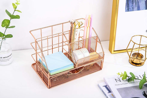 Upgraded Desk Organizer for Women, Cute Mesh Office Supplies Accessories Essentials Caddy with Drawer for Home & Office Desktop Organization & Decor, Rose Gold