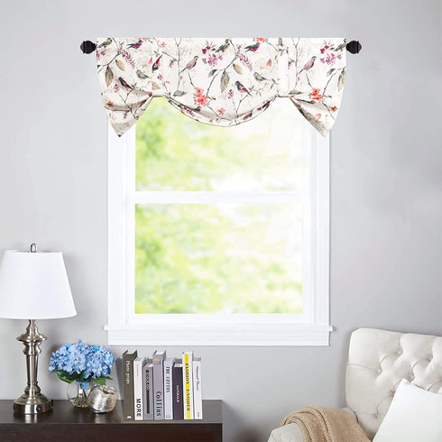 VOGOL Decorative Tie Up Curtains for Nursery Girls Room, Pink Birds and Floral Print Small Window Curtain Valance Top Pocket Tie Up Shades 18 Inch Long, One Panel
