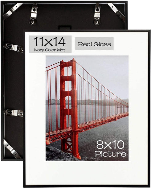 Frametory, 11x14 Aluminum Frame, 8x10 Photo with Ivory Mat for Wall Display, Sawtooth Hanger, Swivel Tabs, Spring Clips Great for Photos, Artworks, Posters (Black, 1-Pack)
