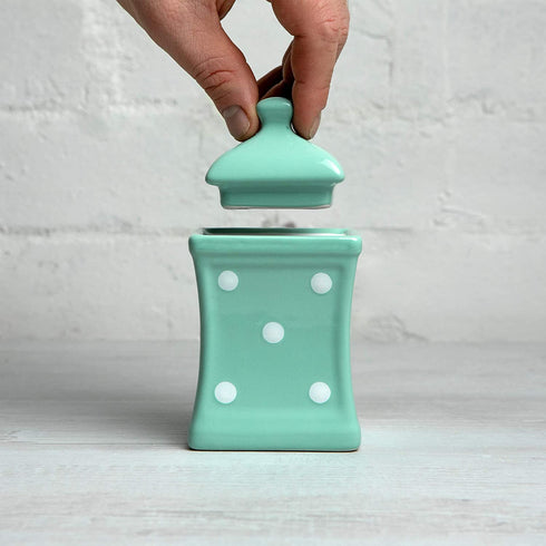 Handmade Teal Blue and White Polka Dot Small 5.3oz/150ml Ceramic Kitchen Herb, Spice, Storage Jar with Lid, Pottery Canister, Housewarming Gift by City to Cottage®