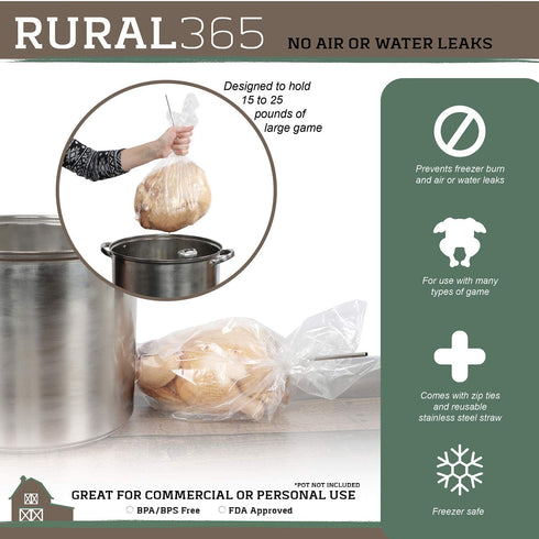 Rural365 Poultry Shrink Bags 25ct Large Turkey Bag - Heat Dip Shrinking Wrap Storage Bags, 16 x 28 Inch with Steel Straw