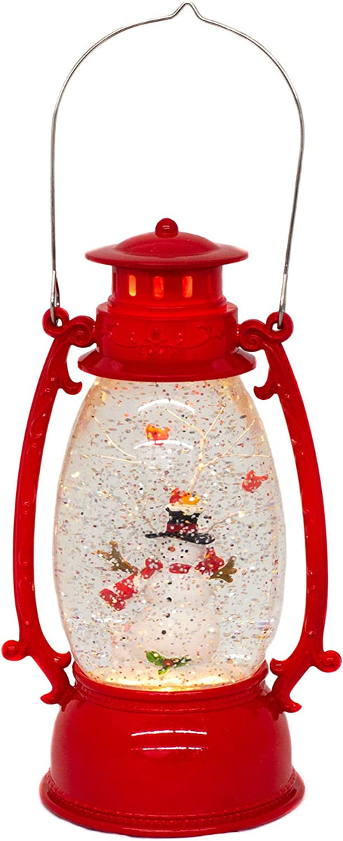 Red Vintage Lantern Snowman Swirling LED Light 10 Inch Acrylic Holiday Glitter Globe