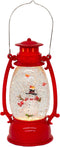 Red Vintage Lantern Snowman Swirling LED Light 10 Inch Acrylic Holiday Glitter Globe