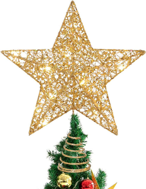 Toyvian Christmas Tree Topper Lighted Star - Gold Glitter Treetop Star LED Star Shape Light Hollow Star Xmas Party Decoration, 11.8 x 9.8 Inch, Gold
