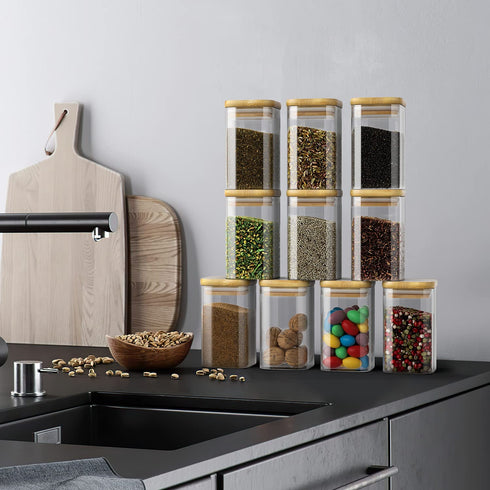 G.a HOMEFAVOR Glass Jars Set, Spice Jars with Bamboo Airtight Lids and Labels, 9.2oz 10 Pcs Small Food Storage Containers for Home Kitchen, Tea, Herbs, Sugar, Salt, Coffee, Herbs, Grains