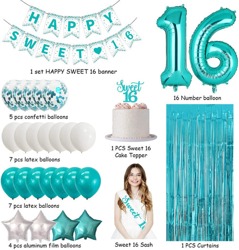 Sweet 16 Birthday Decorations,Teal 16th Birthday Decorations for Girls -Sweet 16 Birthday Banner, 16 Teal Blue Balloons,Sweet 16 Birthday Sash and Caketopper,Turquoise Blue Metalic Tinsel Party Photo Backdrop Curtains