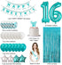 Sweet 16 Birthday Decorations,Teal 16th Birthday Decorations for Girls -Sweet 16 Birthday Banner, 16 Teal Blue Balloons,Sweet 16 Birthday Sash and Caketopper,Turquoise Blue Metalic Tinsel Party Photo Backdrop Curtains