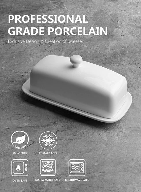 Sweese 307.101 Porcelain Butter Dish with Lid, Perfect for East West Coast Butter, White