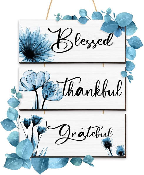 3 Pieces Thankful Grateful Blessed Wood Sign Wall Decor Positive Word Wooden Wall Plaque with Flower Thanksgiving Quote Hanging Wall Sign Rustic Farmhouse Thankful Wall Art for Living Room (Blue)