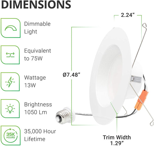 Sunco Lighting 5/6 Inch LED Can Lights Retrofit Recessed Lighting, Baffle Trim, Dimmable, 2700K Soft White, 13W=75W, 1050 LM, Damp Rated, Replacement Conversion Kit, UL Energy Star 4 Pack