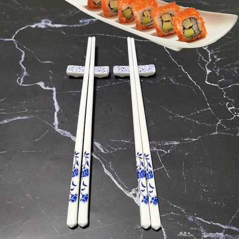 Ceramic Chopsticks reusable with Porcelain Holder and Delicate Box Reusable Chopsticks and Dishwasher Safe,Porcelain Chopsticks (2 Pairs Blue rose)