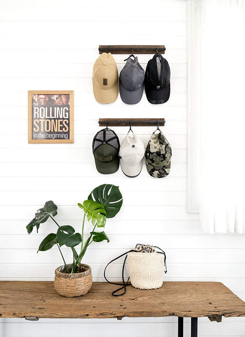 Mkono Hat Rack for Wall Wooden Baseball Caps Organizer with 20 Hooks Rustic Cowboy Hat Hanger Wall Mounted Caps Display Rack for Closet Door Bedroom Entryway, Set of 2, Brown