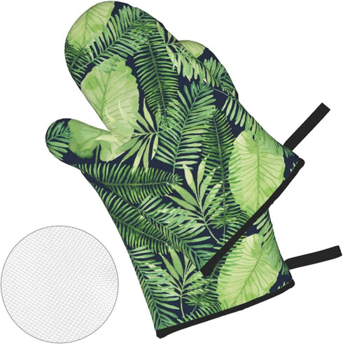 Tropical Palm Leaf Oven Mitts and Pot Holders 4pcs Set, 500„‰ Heat Resistant Oven Mitts Gloves 3D Printed Cooking Gloves for Kitchen, Cooking, Baking, BBQ Green
