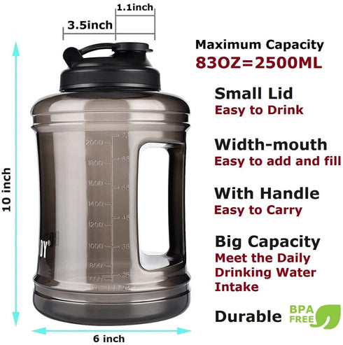 Water Bottle with Handle 2.5L Large Sports Water Bottle Half Gallon BPA Free Plastic Water Bottles Wide Mouth Water Bottle 83oz Reusable Gym Water Jug for Home Drinking Outdoor Sports Hiking Fitness