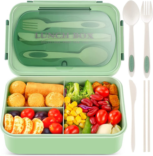 Bento Lunch Box for Kids and Adults with 3 Compartment Leak Proof Lunch Boxes for Men Women Food Containers with Spoon Fork Knife Chopsticks - 1400 ML (Green)
