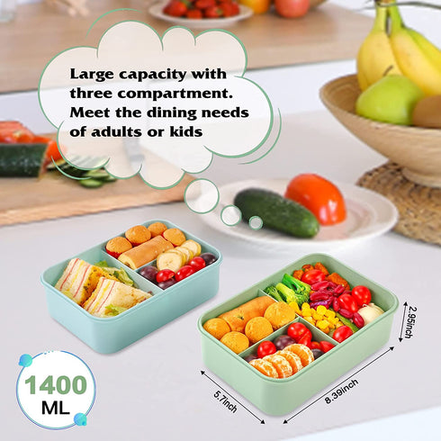 Bento Lunch Box for Kids and Adults with 3 Compartment Leak Proof Lunch Boxes for Men Women Food Containers with Spoon Fork Knife Chopsticks - 1400 ML (Green)