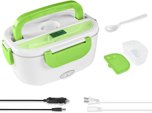 Electric Lunch Box -- Toursion Portable Food Heater 2 in 1 for Car/Truck and Work 110V&12V-24V 40W, Removable Stainless Steel Portable Food Warmer 1.5L, Spoon and 2 Compartments Included(Green)