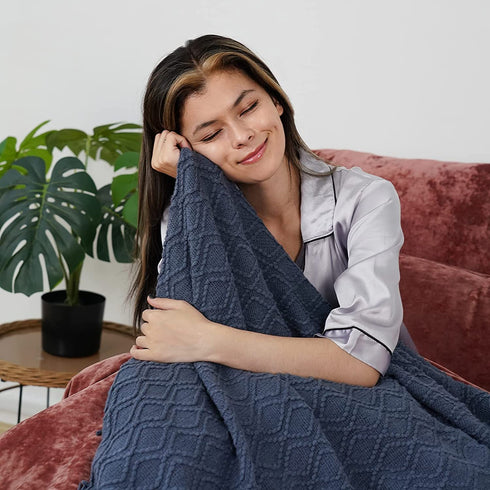 PHF Acrylic Knit Throw Blanket 50 x 60 inches, Lightweight Soft Cozy Decorative Woven Blanket with Tassels for Couch, Bed, Sofa, Chair, Home Travel, Suitable for All Seasons, Navy