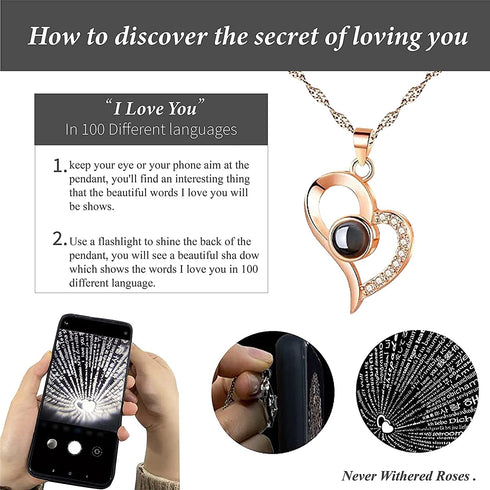Floridliving Rose with Necklace,Preserved Rose with Heart I Love You Necklace 100 Languages Gift Set,Handmade Forever Rose Flower with Box for Valentine's Day,Wedding Gifts(Black)