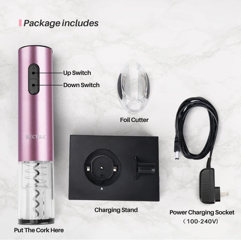 Secura Electric Wine Opener, Automatic Electric Wine Bottle Corkscrew Opener with Foil Cutter, Rechargeable (Rose Gold)